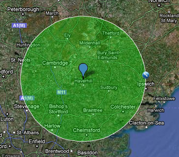 Map showing location of The Old Vicarage Bed and Breakfast accommodation,, Great Thurlow and a circle showing locations within a 30 mile radius.